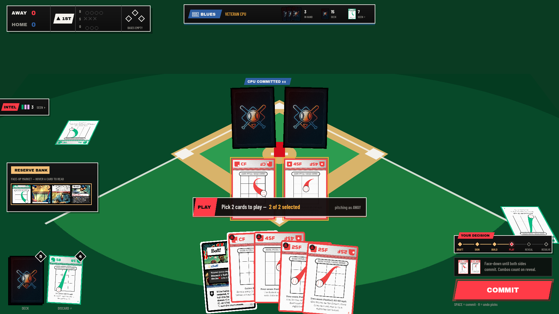 The PLAY prompt with two cards selected